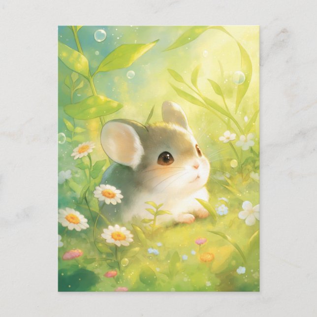 Carte Postale Chinchilla Assis dans une Prairie Verte de Fleurs  (Devant)