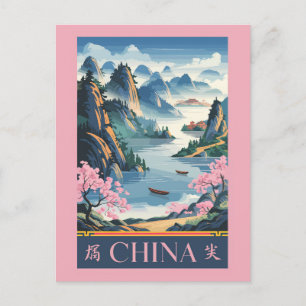 Carte Postale Chine Illustration Pink Travel Art Vintage