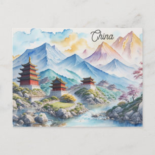 Carte Postale Chine Pagode chinoise Montagne Aquarelle Voyage
