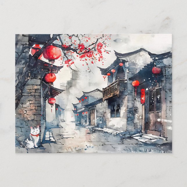 Carte Postale Chinois Aquarelle Lanterne Lit Vieille Ville (Devant)