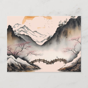 Carte Postale Chinois Aquarelle rivière d'hiver et montagnes