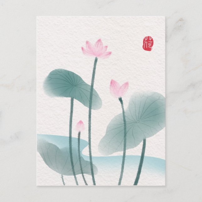 Carte Postale Chinoiserie Chinoise Lave-encre peinture Lotus Flo (Devant)