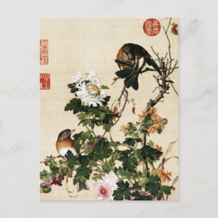 Carte Postale Chinoiserie Vintage Art Chrysanthèmes et Oiseaux