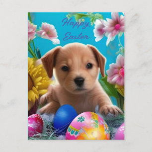 Carte Postale Chiot de Pâques adorable, fleurs et oeufs
