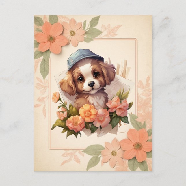 Carte Postale Chiot en aquarelle d'été - Cadre Floral - (Devant)