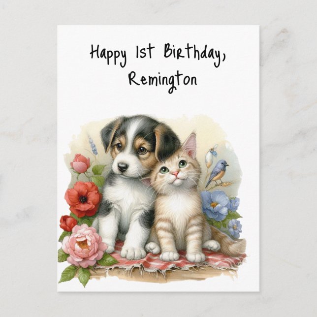 Carte Postale Chiot et chaton bébé premier anniversaire Personna (Devant)