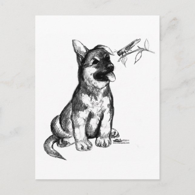 Carte Postale Chiot et sauterelle (Devant)