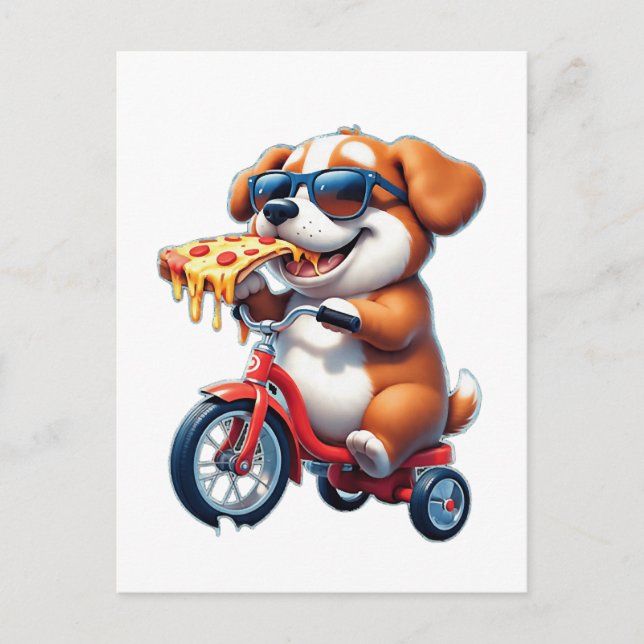 Carte Postale chiot faisant du vélo en mangeant de la pizza (Devant)
