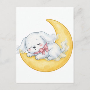 Carte Postale Chiot Fantôme Endormi Ruban Rose Croissant de Lune