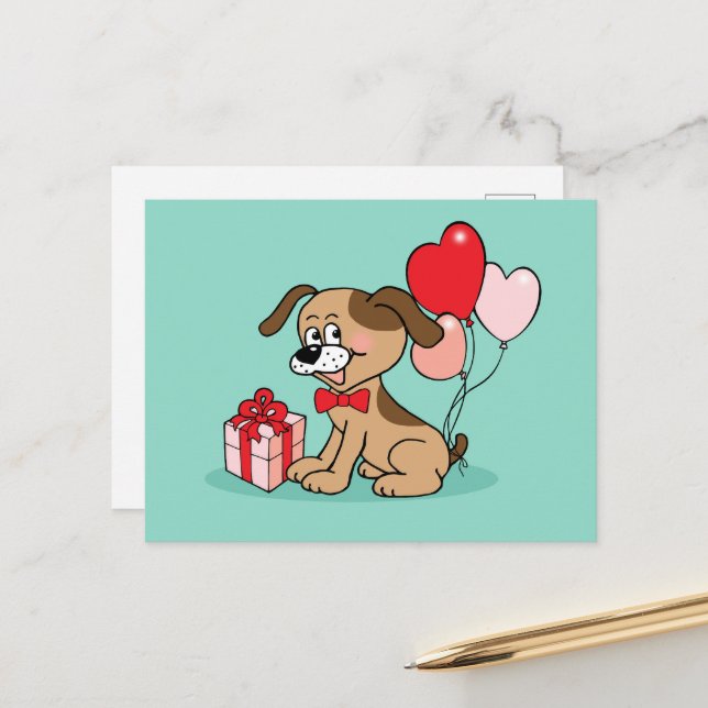 Carte Postale Chiot joyeux avec cadeau (Devant/Arrière en situation)