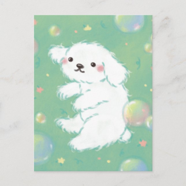 Carte Postale Chiot mignon avec bulles et fleurs (Devant)