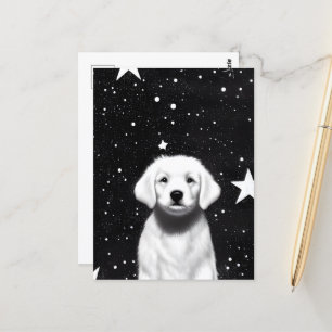 Carte Postale Chiot noir et blanc rétro et grandes étoiles