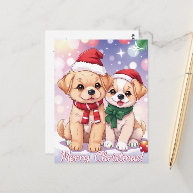 Carte Postale Chiots de fête avec Noël de fête (Devant/Arrière en situation)