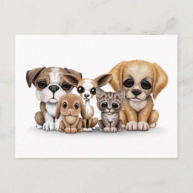Carte Postale Chiots mignons, Kitten et Bunny Portrait pour anim (Devant)