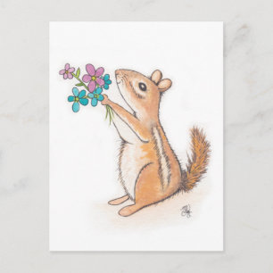 Carte Postale Chipmunk avec bouquet de fleurs