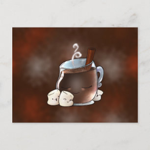 Carte Postale Chocolat chaud Kawaii et Marshmallows