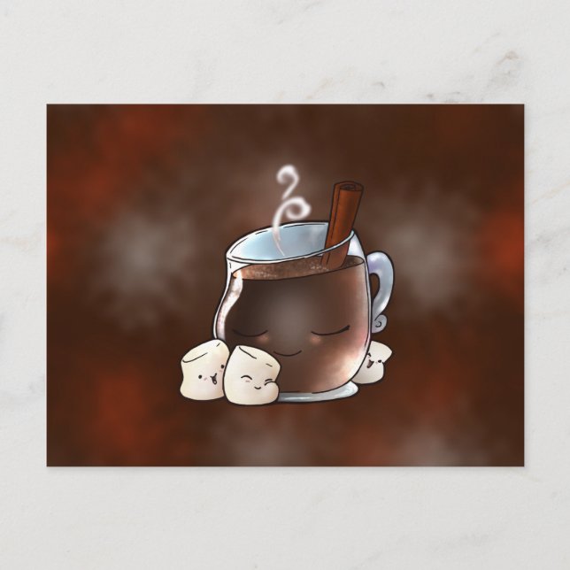 Carte Postale Chocolat chaud Kawaii et Marshmallows (Devant)