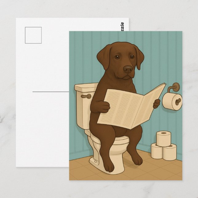 Carte Postale Chocolat Labrador Lecture journal sur Toilet (Devant / Derrière)