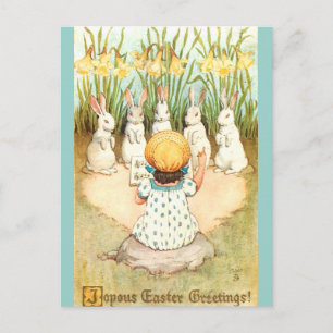 Carte Postale Chœur de lapins de Pâques vintage et jonquilles