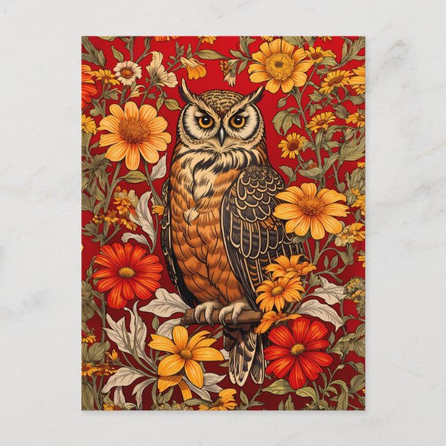 Carte Postale Chouette À Rayures Et Fleurs De Zinnia (Devant)