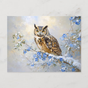 Carte Postale Chouette avec peinture aux fleurs bleues