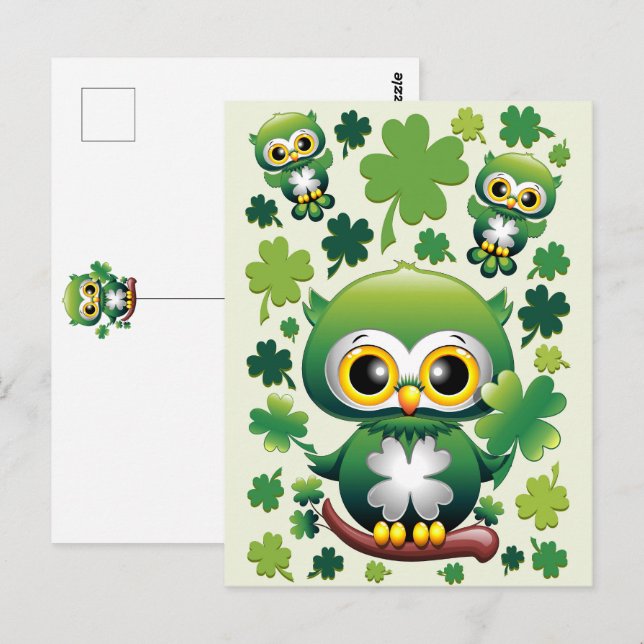 Carte Postale Chouette bébé mignon St Patrick dessin animé (Devant / Derrière)