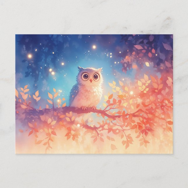 Carte Postale Chouette blanche fantaisiste dans une forêt d'auto (Devant)