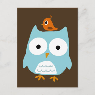 Carte Postale Chouette bleue avec petit oiseau orange