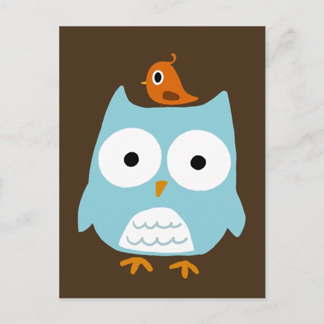 Carte Postale Chouette bleue avec petit oiseau orange (Devant)