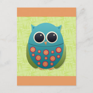 Carte Postale Chouette bleue et verte mignonne avec fleur rouge