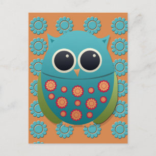 Carte Postale Chouette bleue et verte mignonne sur des fleurs or