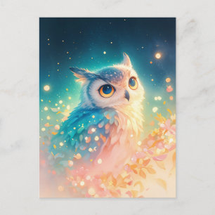 Carte Postale Chouette bleue fantaisiste dans une forêt lumineus