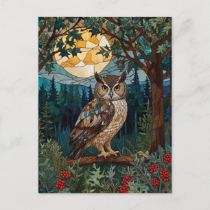 Carte Postale Chouette boho élégant tache de verre forêt boisée