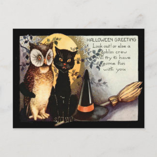 Carte Postale Chouette Chat Noir Pleine Lune Chapeau de Sorcière