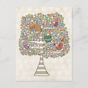 Carte Postale Chouette chatte et oiseaux dans un arbre Illustrat
