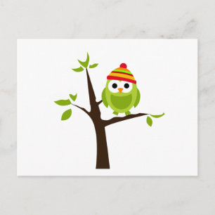 Carte Postale Chouette Chouette Oiseau Vert Casquette Snow Cute 