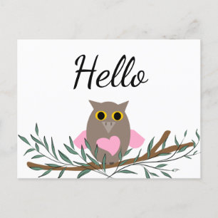 Carte Postale Chouette Coeur Rose jolie Branche Hello Script