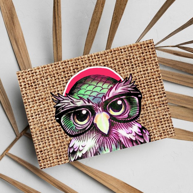 Carte Postale Chouette cool Couleur Tatouage Sage Avec Lunettes  (Cool Colorful Tattoo Wise Owl With Funny Glasses )