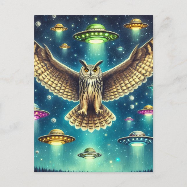 Carte Postale Chouette cosmique - OVNI dans le ciel (Devant)