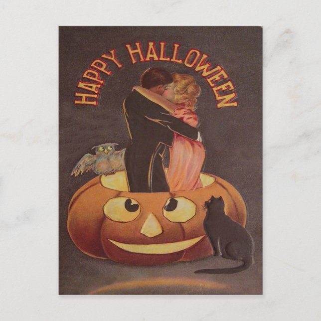 Carte Postale Chouette couple s'embrassant Citrouille Jack O Lan (Devant)
