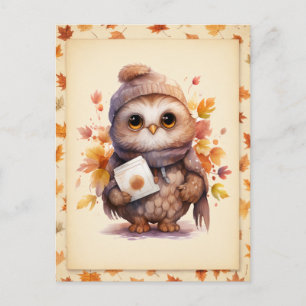 Carte Postale Chouette d'aquarelle d'automne - Cadre feuille tom