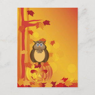 Carte Postale Chouette de couleur orange d'Halloween avec Feuill