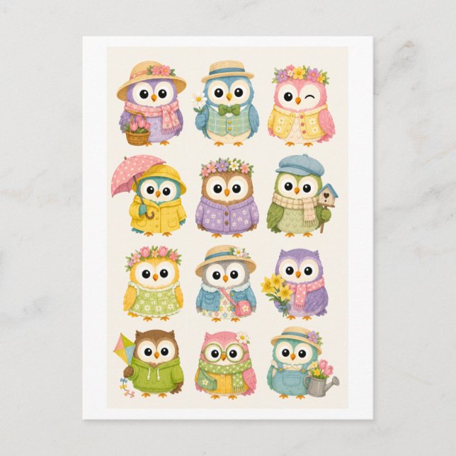 Carte Postale Chouette de dessin animé mignonne de printemps (Devant)