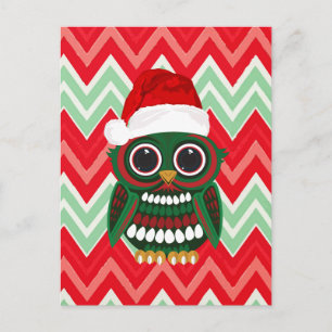 Carte Postale Chouette de Noël mignonne vert blanc rouge zigzag