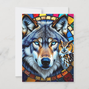 Carte Postale Chouette de style mosaïque et loup   Rester en con