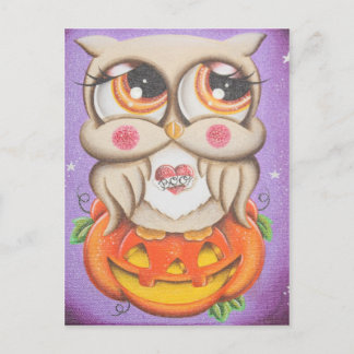 Carte Postale Chouette d'Halloween et Citrouille
