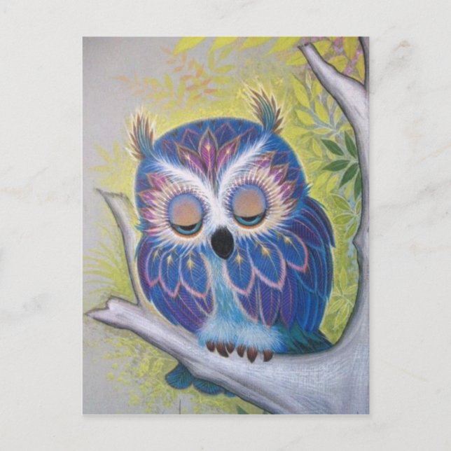 Carte Postale Chouette dormante bleue vintage (Devant)
