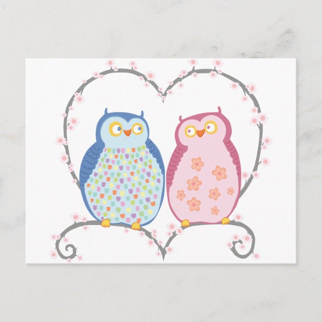 Carte Postale Chouette mignonne en amour Coeur rose Bleu Clipart (Devant)