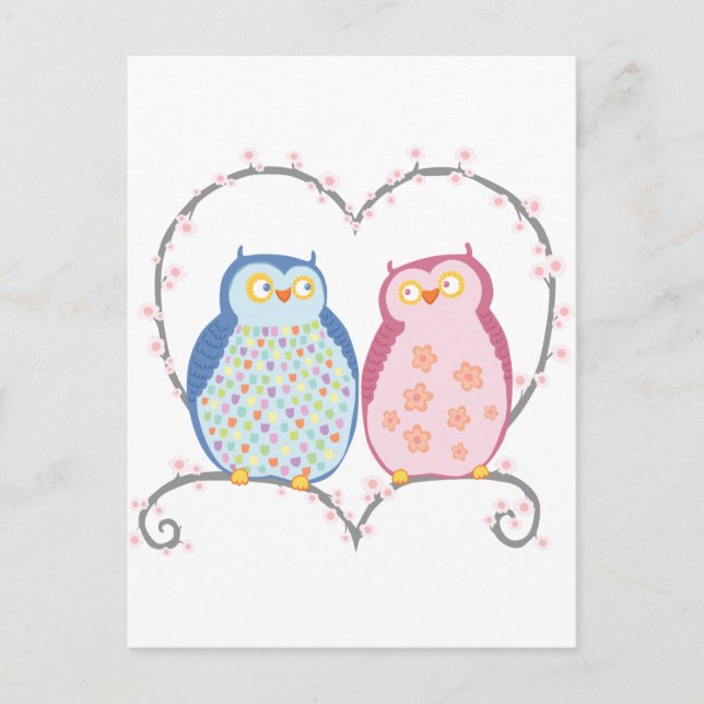 Carte Postale Chouette mignonne en amour Coeur rose Bleu Clipart (Devant)