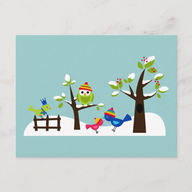 Carte Postale Chouette Oiseaux Neige Hiver Maillot Arbre Cartoon (Devant)